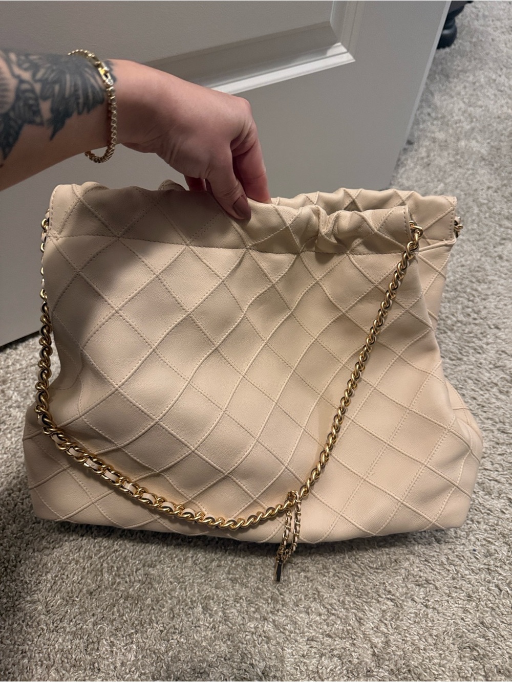 Tory Burch Quilted Cream Hobo with Gold Chain Strap